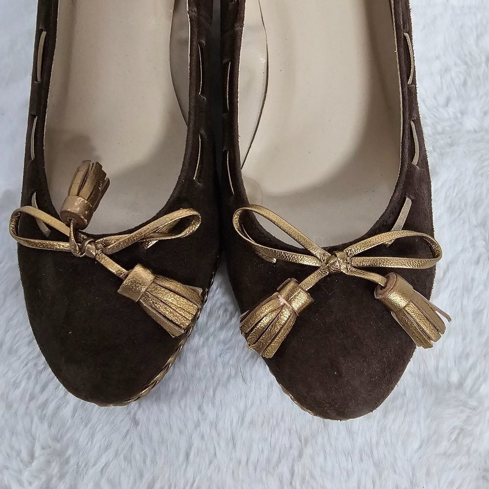 Lauren Ralph Lauren Cambree Chocolate Suede Gold Metallic Wedge Shoes Size 7 - Picture 5 of 16
